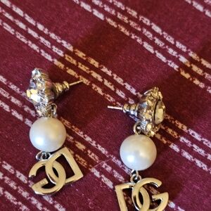Dolce & Gabbana Gold-Tone Logo Drop Earrings with White Pearls